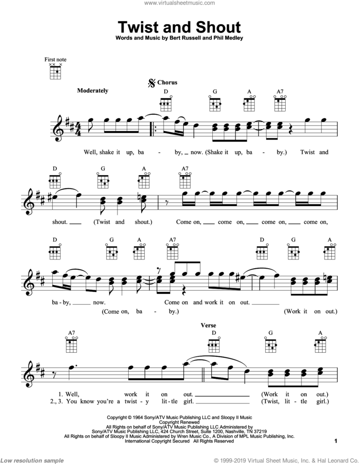 Twist And Shout sheet music for ukulele by The Beatles, intermediate skill level