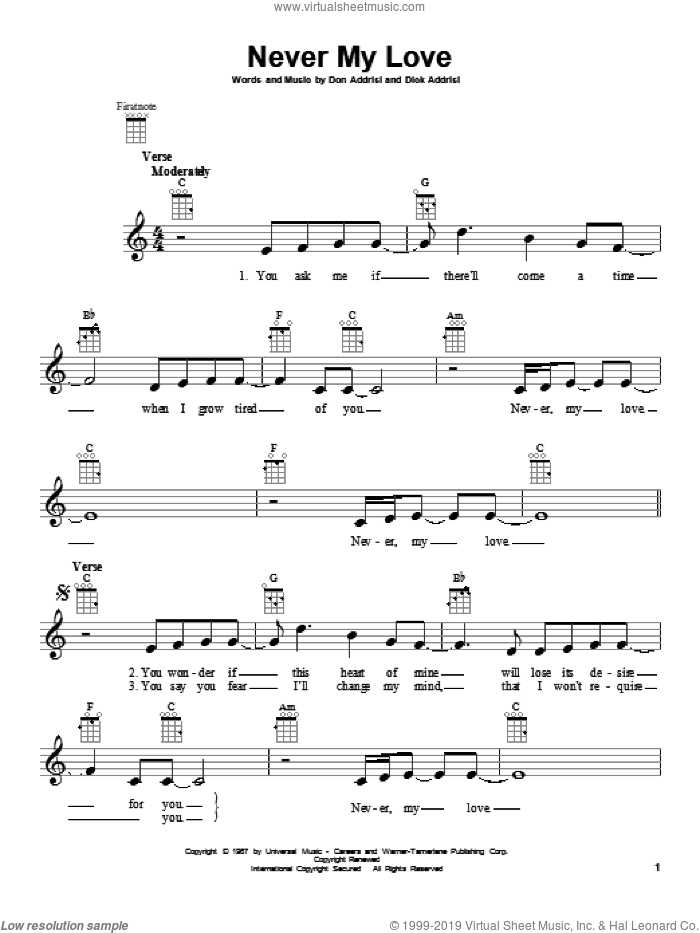 Never My Love sheet music for ukulele by The Association and The Fifth Dimension, intermediate skill level