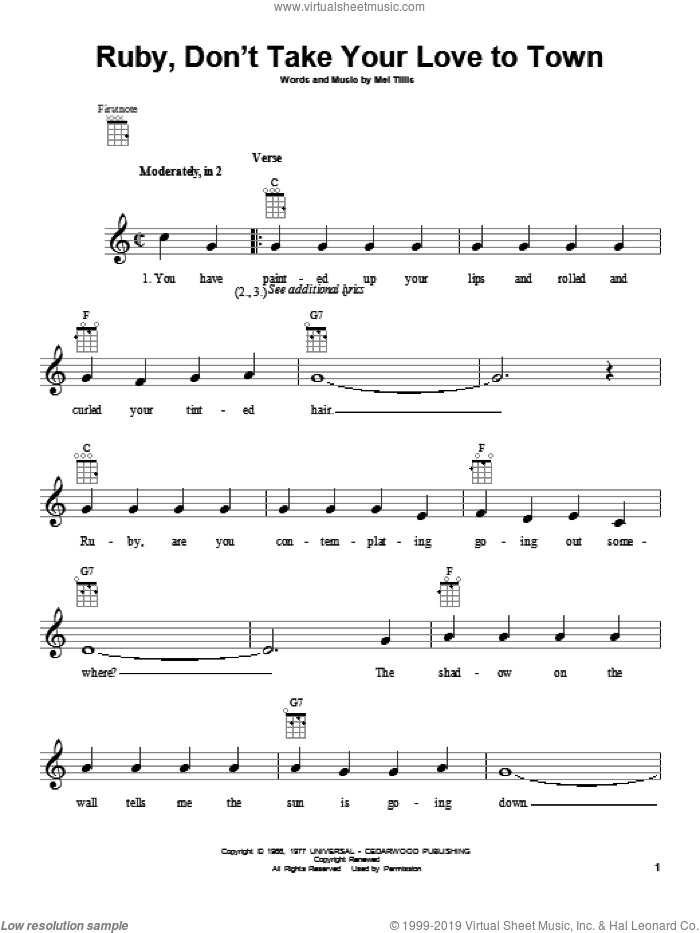 Ruby, Don't Take Your Love To Town sheet music for ukulele by Kenny Rogers, intermediate skill level