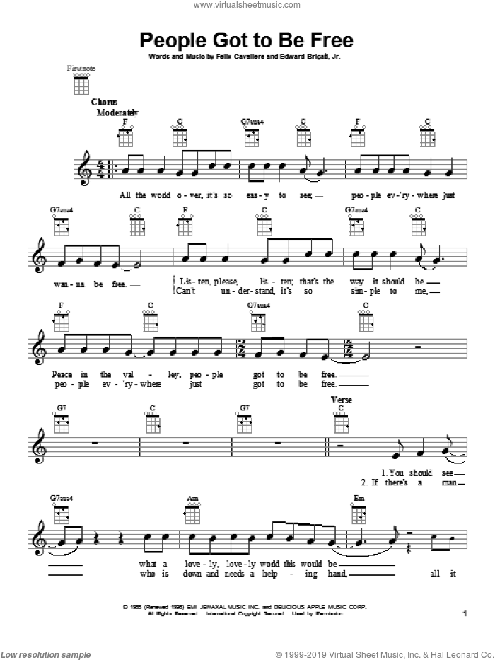 People Got To Be Free sheet music for ukulele by The Rascals, intermediate skill level