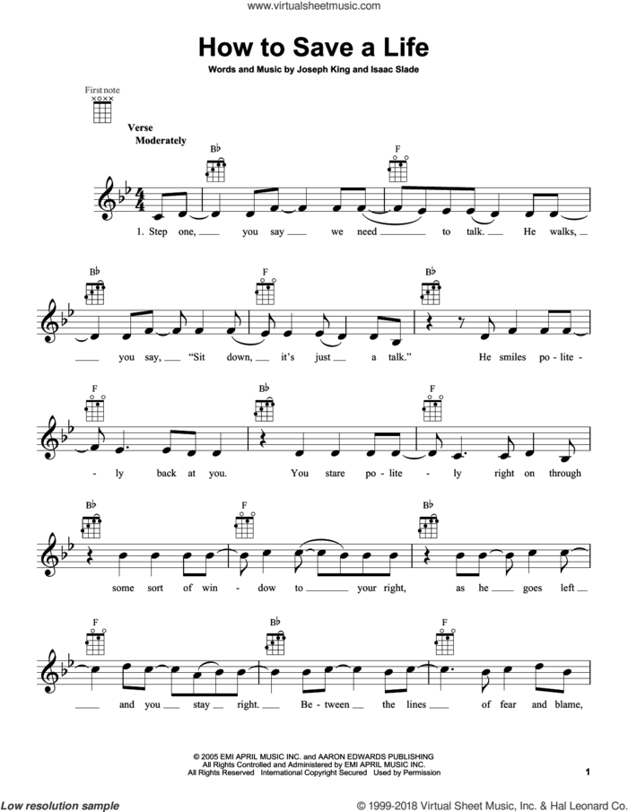How To Save A Life sheet music for ukulele by The Fray, intermediate skill level