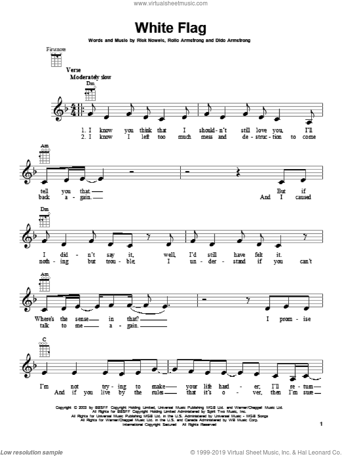 White Flag sheet music for ukulele by Dido Armstrong, intermediate skill level