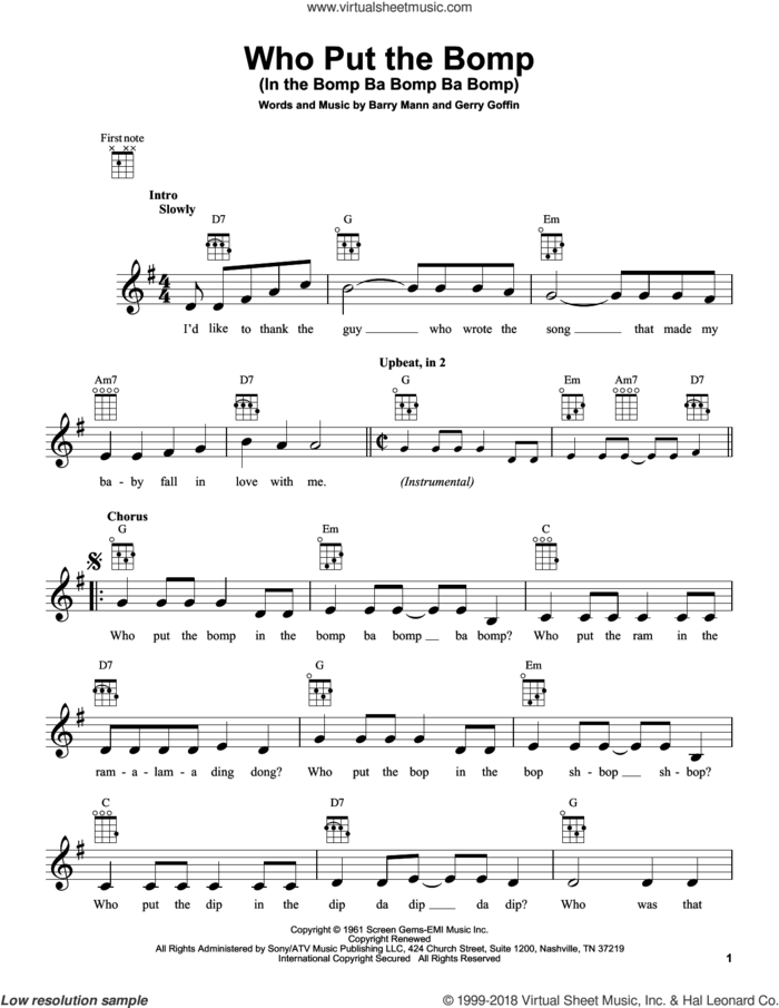 Who Put The Bomp (In The Bomp Ba Bomp Ba Bomp) sheet music for ukulele by Barry Mann, intermediate skill level
