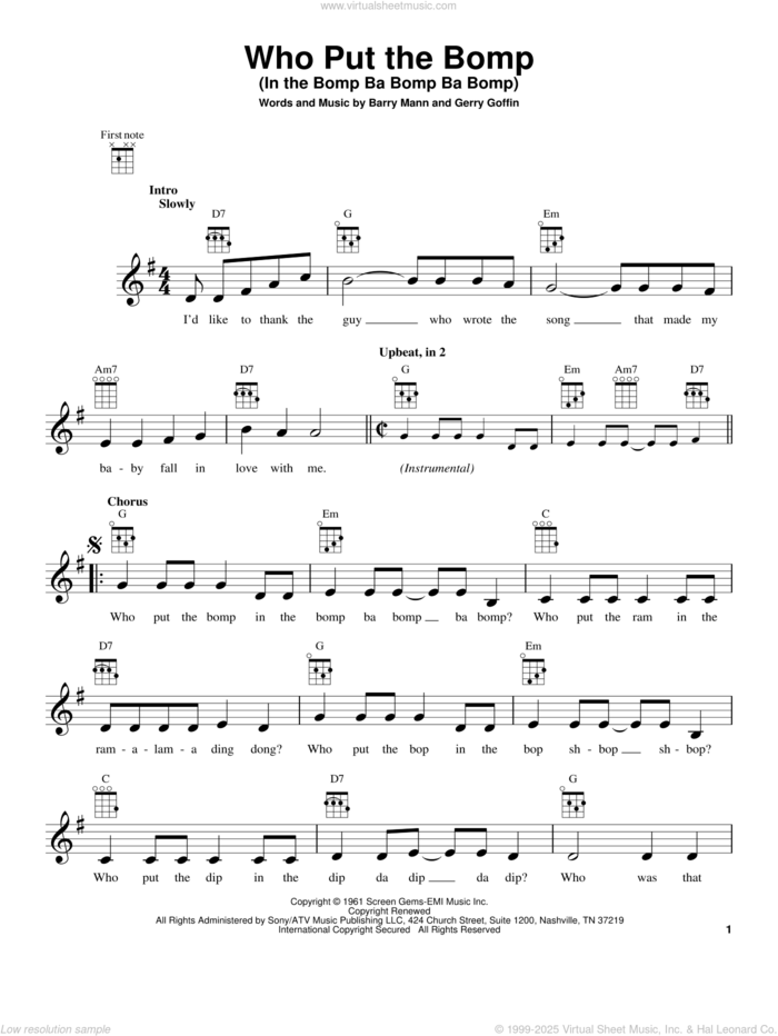 Who Put The Bomp (In The Bomp Ba Bomp Ba Bomp) sheet music for ukulele by Barry Mann, intermediate skill level