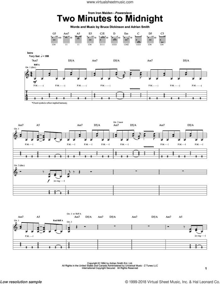 Two Minutes To Midnight sheet music for guitar (tablature) by Iron Maiden, Adrian Smith and Bruce Dickinson, intermediate skill level
