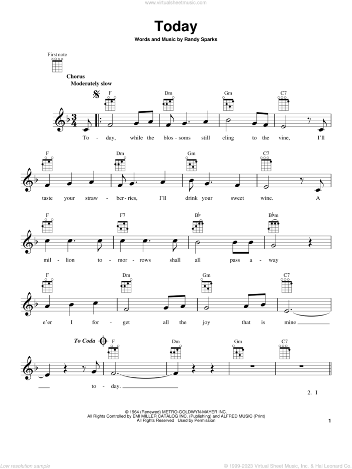 Today sheet music for ukulele by Randy Sparks, intermediate skill level