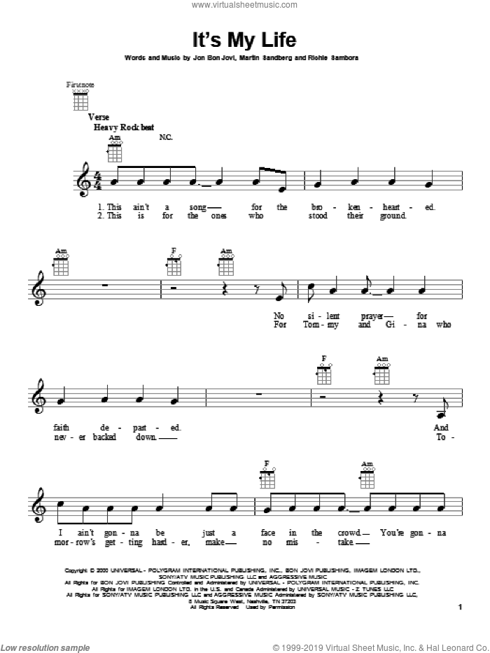 It's My Life sheet music for ukulele by Bon Jovi, intermediate skill level