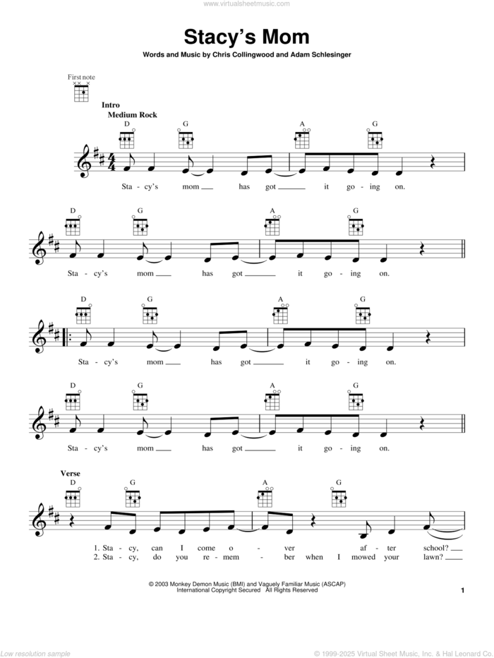 Stacy's Mom sheet music for ukulele by Fountains Of Wayne, intermediate skill level