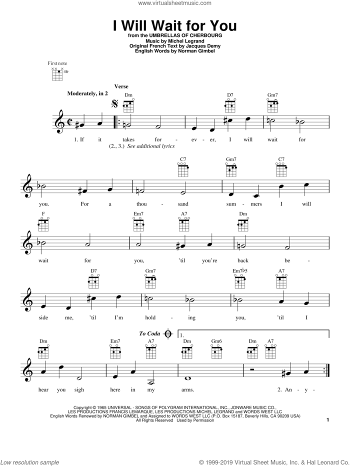 I Will Wait For You sheet music for ukulele by Michel LeGrand, intermediate skill level