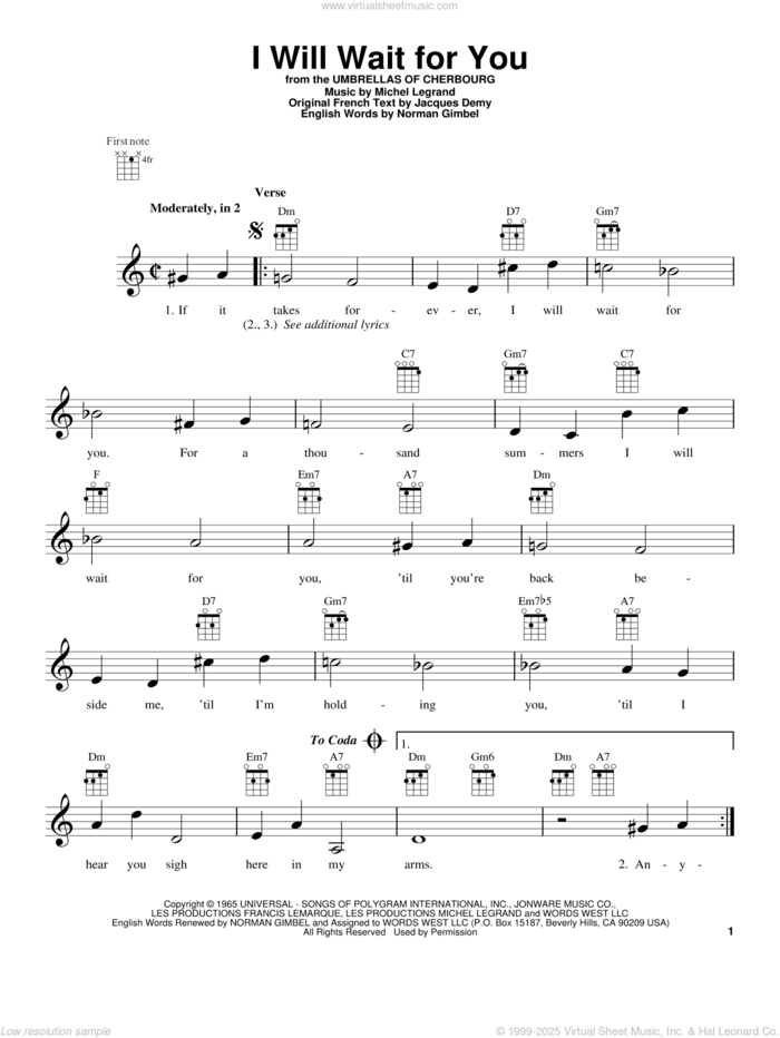 I Will Wait For You sheet music for ukulele by Michel LeGrand, intermediate skill level