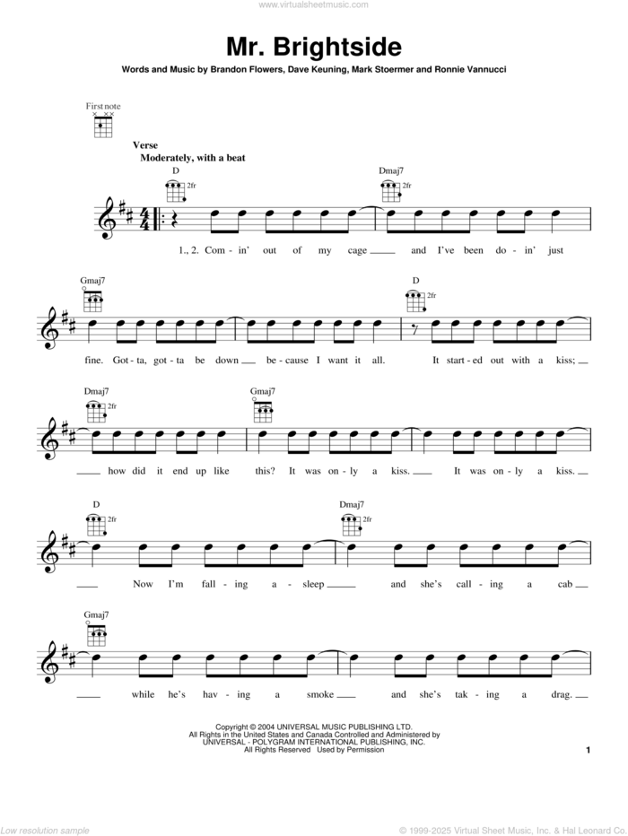 Mr. Brightside sheet music for ukulele by The Killers, intermediate skill level