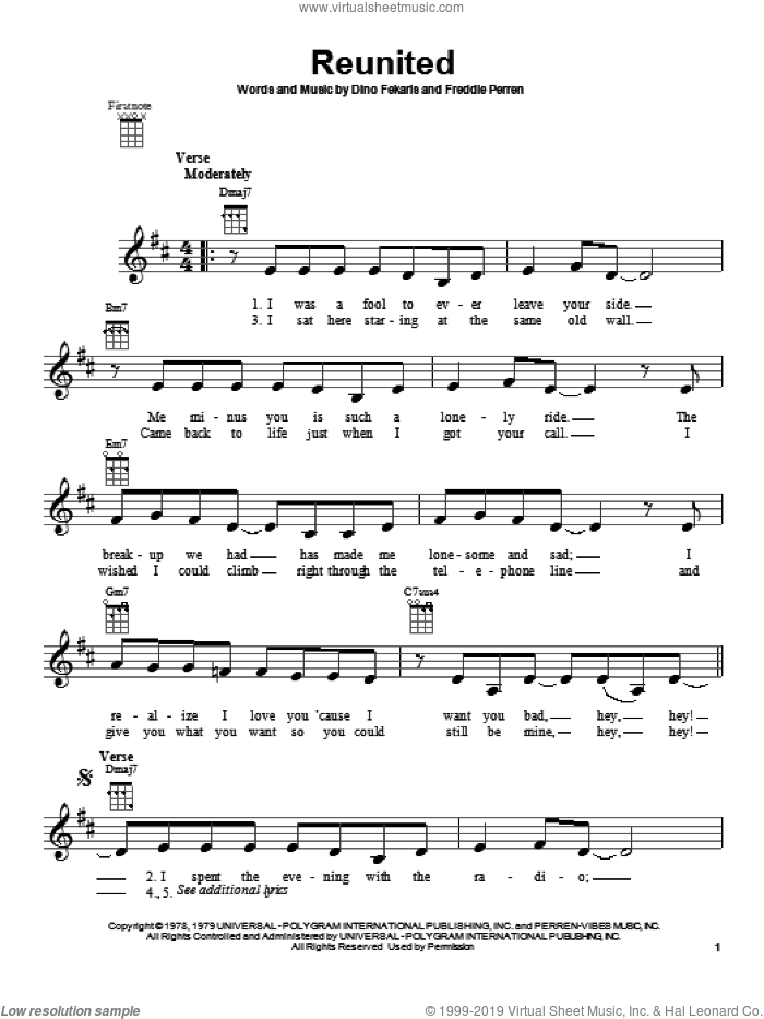 Reunited sheet music for ukulele by Peaches & Herb, intermediate skill level