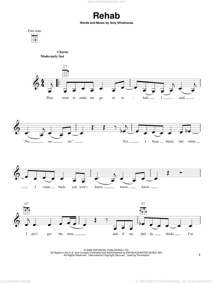 Rehab sheet music for ukulele by Amy Winehouse, intermediate skill level