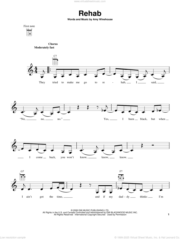 Rehab sheet music for ukulele by Amy Winehouse, intermediate skill level