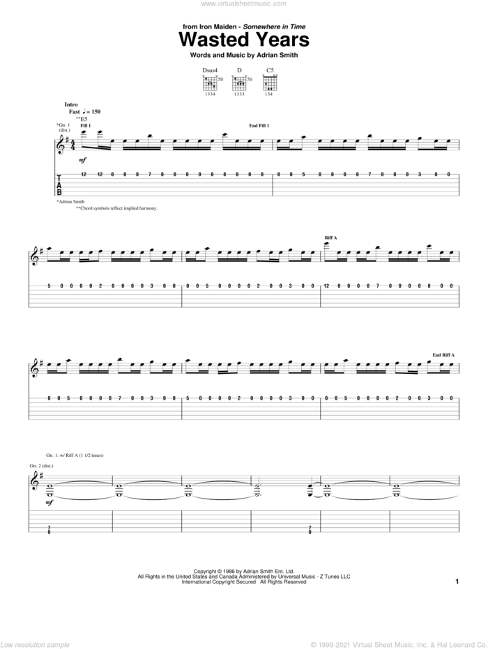 Wasted Years sheet music for guitar (tablature) by Iron Maiden and Adrian Smith, intermediate skill level