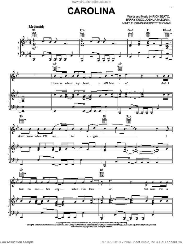 Carolina sheet music for voice, piano or guitar by Parmalee, intermediate skill level