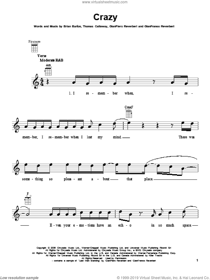 Crazy sheet music for ukulele by Gnarls Barkley, intermediate skill level