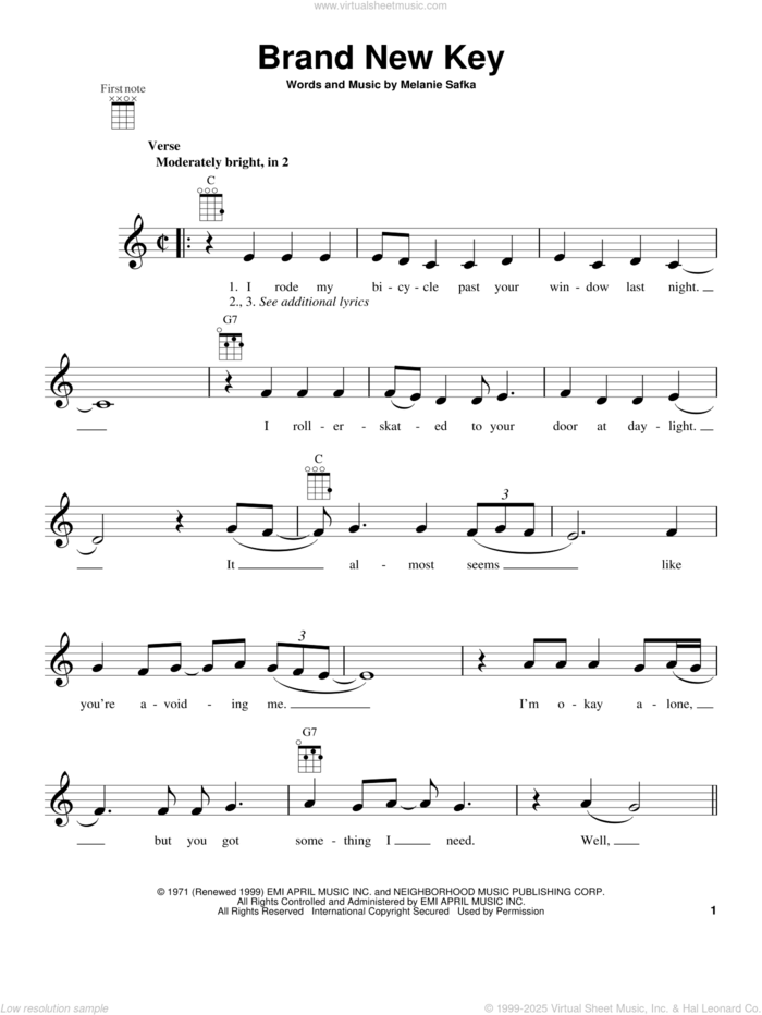 Brand New Key sheet music for ukulele by Melanie and Melanie Safka, intermediate skill level