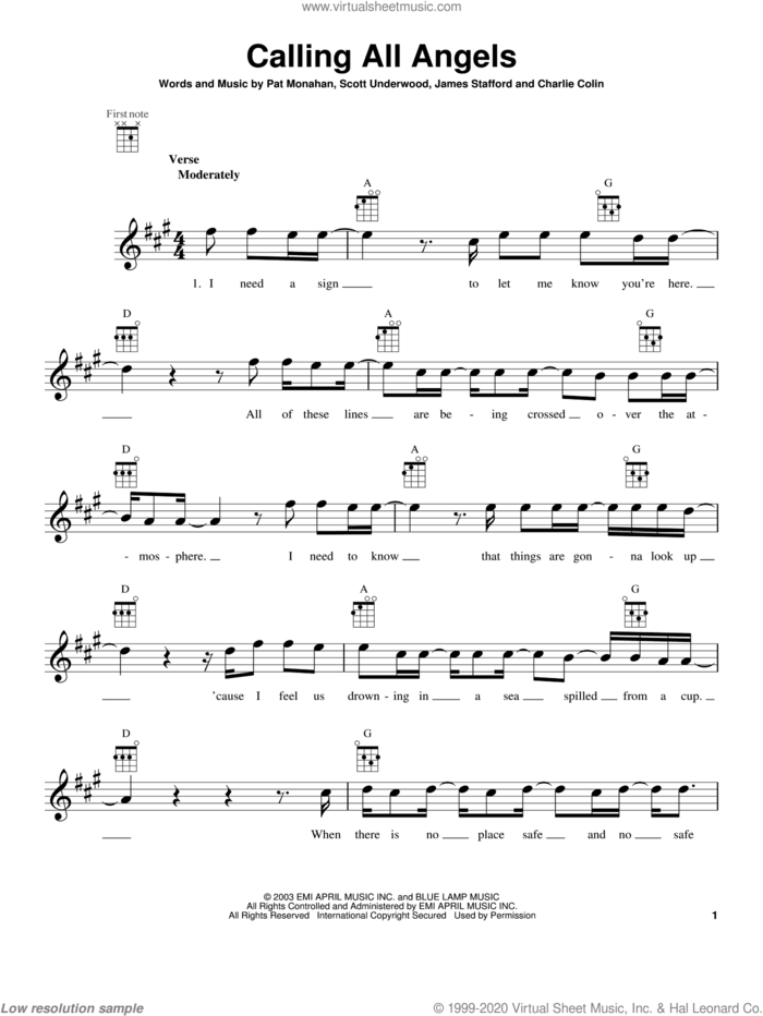 Calling All Angels sheet music for ukulele by Train, intermediate skill level