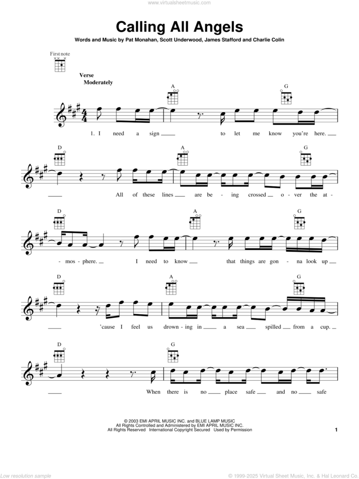 Calling All Angels sheet music for ukulele by Train, intermediate skill level