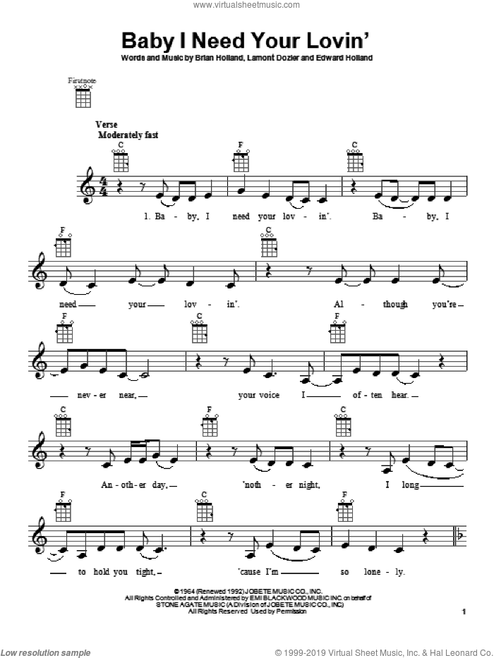 Baby I Need Your Lovin' sheet music for ukulele by The Four Tops, intermediate skill level
