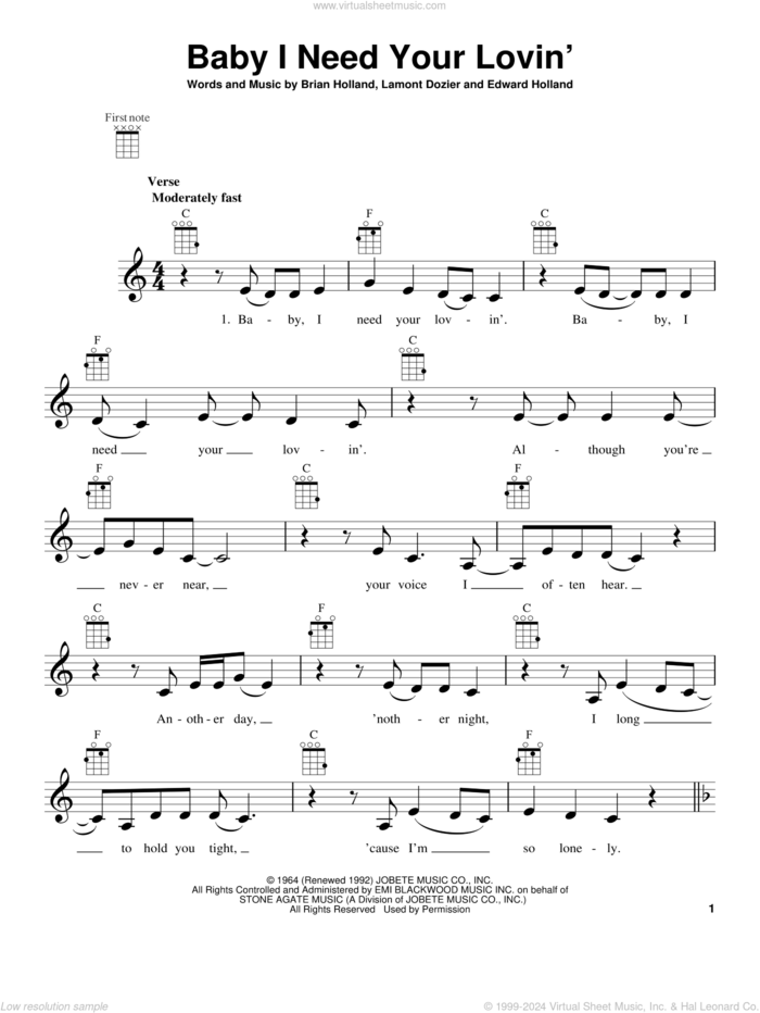 Baby I Need Your Lovin' sheet music for ukulele by The Four Tops, intermediate skill level