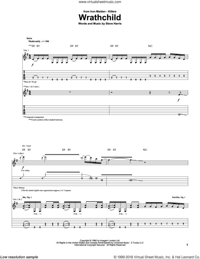 Wrathchild sheet music for guitar (tablature) by Iron Maiden and Steve Harris, intermediate skill level