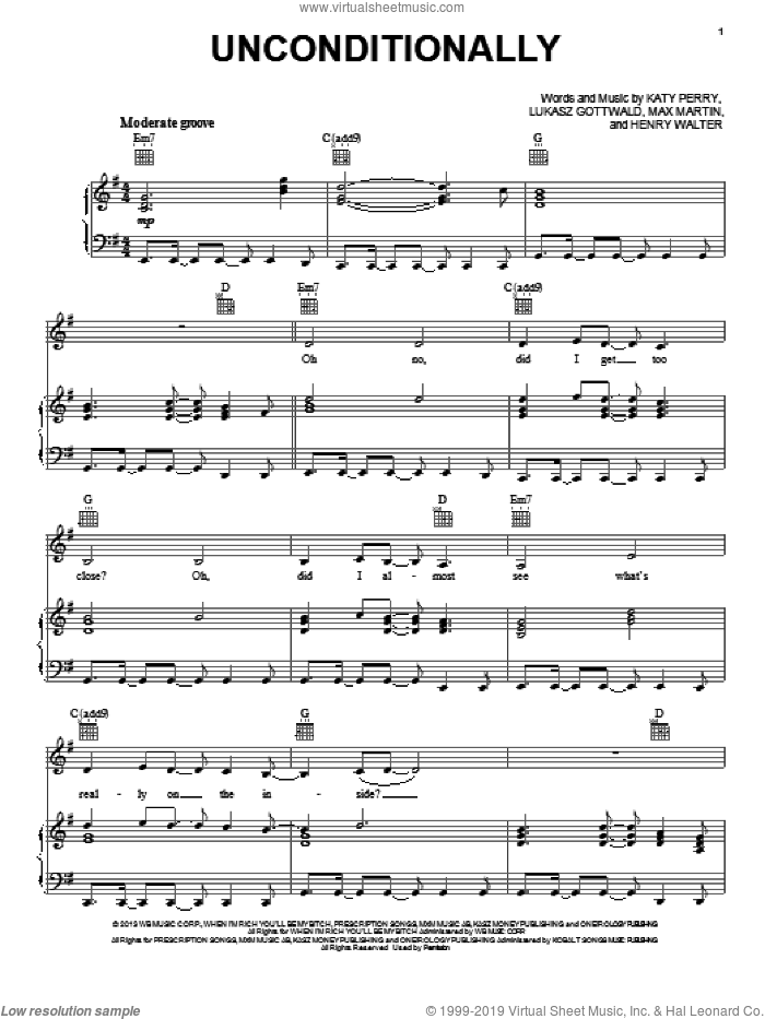 Unconditionally sheet music for voice, piano or guitar by Katy Perry, intermediate skill level