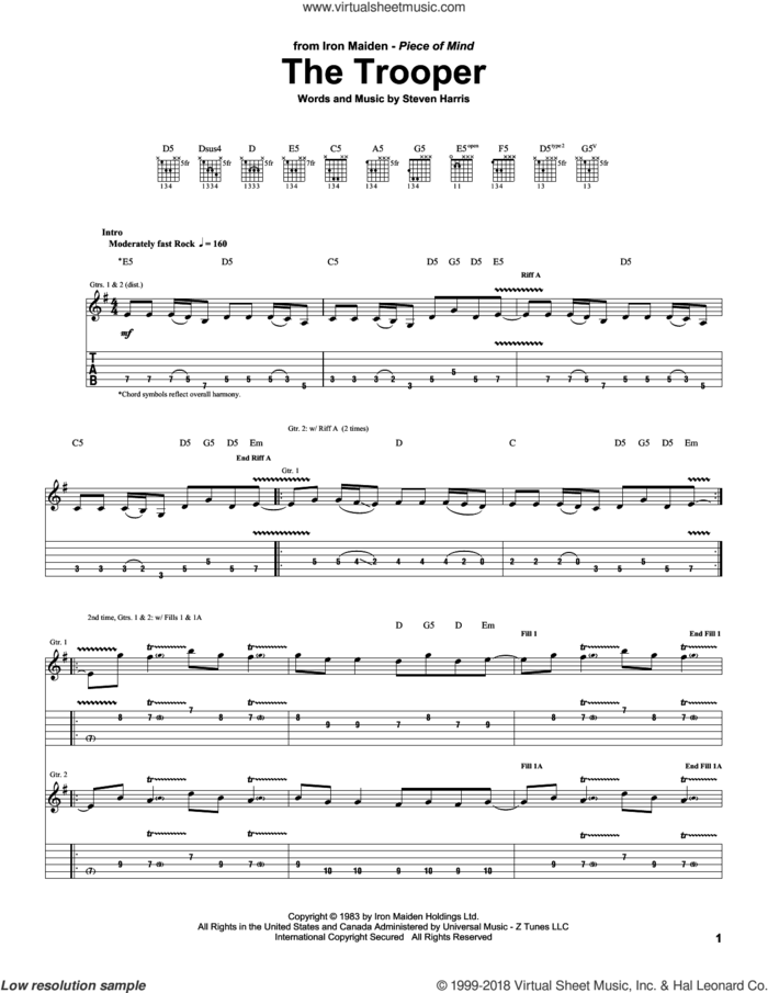 The Trooper sheet music for guitar (tablature) by Iron Maiden, Guitar Hero and Steve Harris, intermediate skill level