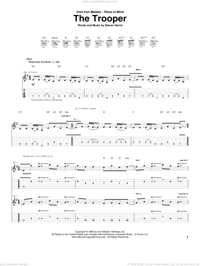 The Trooper sheet music for guitar (tablature) by Iron Maiden, Guitar Hero and Steve Harris, intermediate skill level