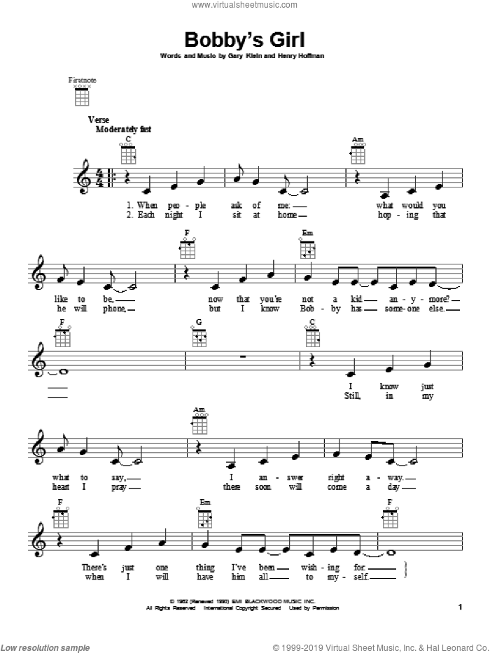 Bobby's Girl sheet music for ukulele by Marcie Blane, intermediate skill level