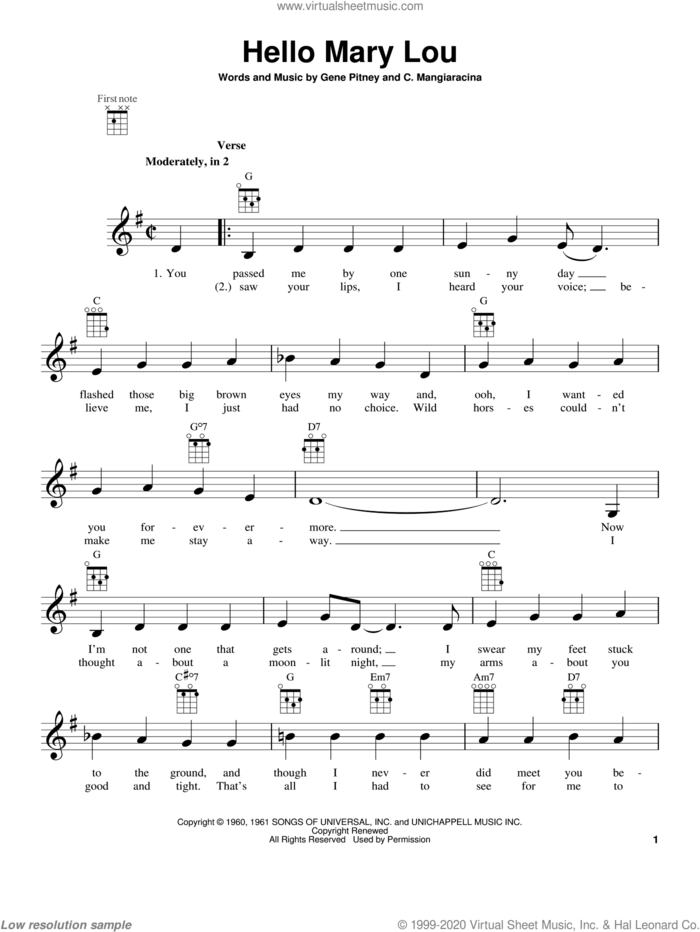 Hello Mary Lou sheet music for ukulele by Statler Brothers, intermediate skill level
