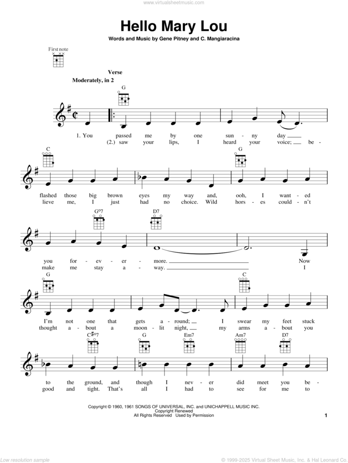 Hello Mary Lou sheet music for ukulele by Statler Brothers, intermediate skill level