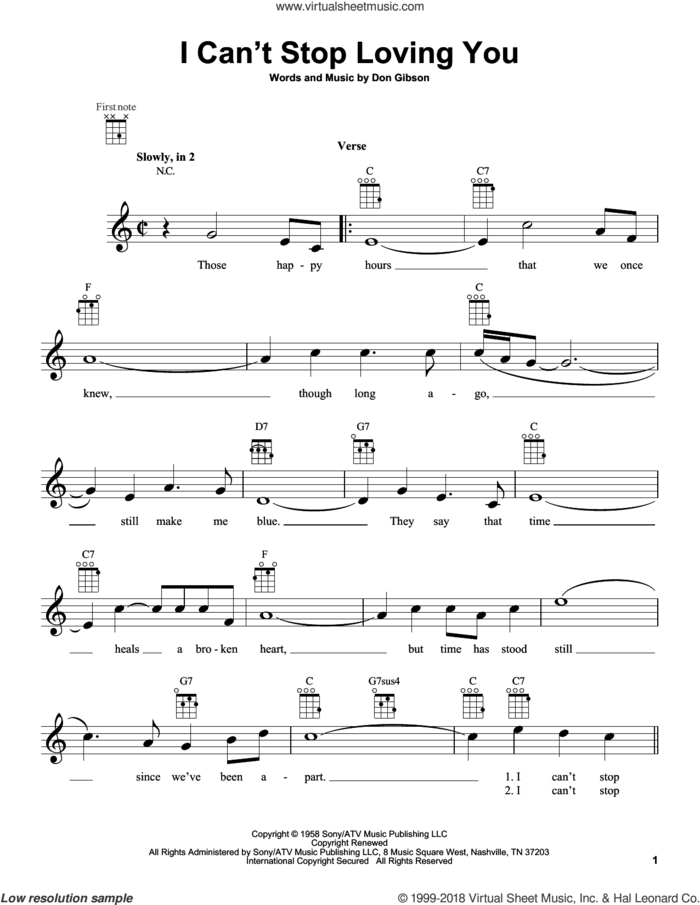 I Can't Stop Loving You sheet music for ukulele by Don Gibson, Conway Twitty, Elvis Presley, Kitty Wells and Ray Charles, intermediate skill level