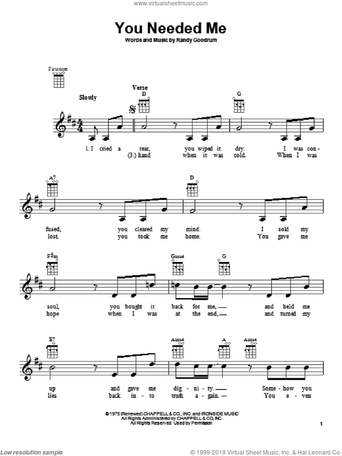 You Needed Me sheet music for ukulele by Anne Murray, intermediate skill level