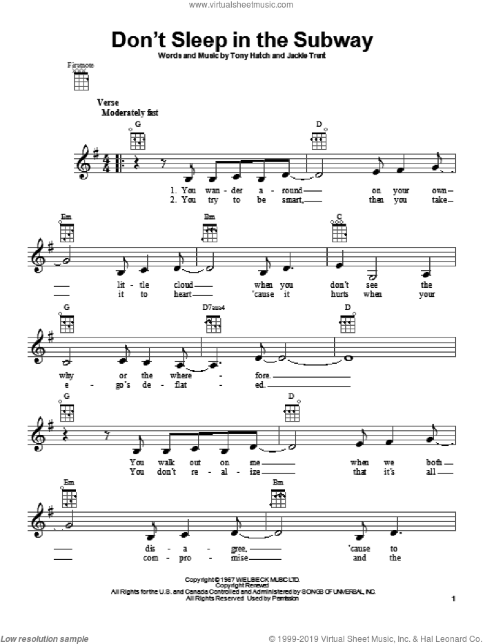 Don't Sleep In The Subway sheet music for ukulele by Petula Clark, intermediate skill level