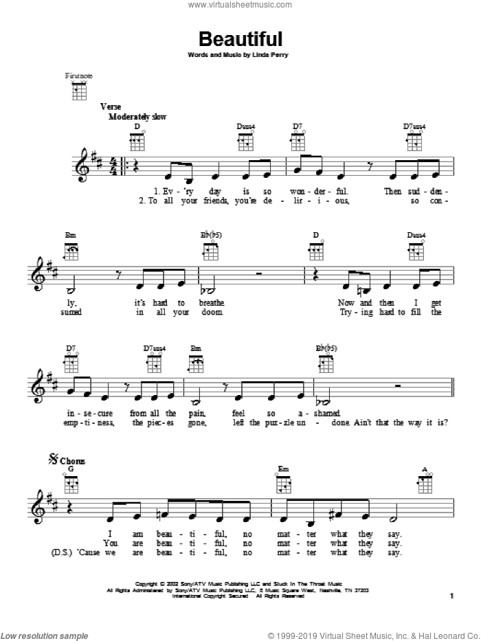 Beautiful sheet music for ukulele by Christina Aguilera & Beverly McClellan and Christina Aguilera, intermediate skill level