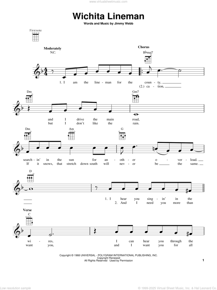 Wichita Lineman (from The Daily Ukulele) sheet music for ukulele by Glen Campbell, intermediate skill level