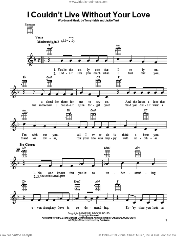 I Couldn't Live Without Your Love sheet music for ukulele by Petula Clark, intermediate skill level