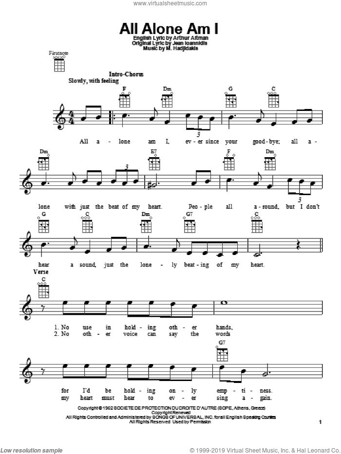 All Alone Am I sheet music for ukulele by Brenda Lee, intermediate skill level