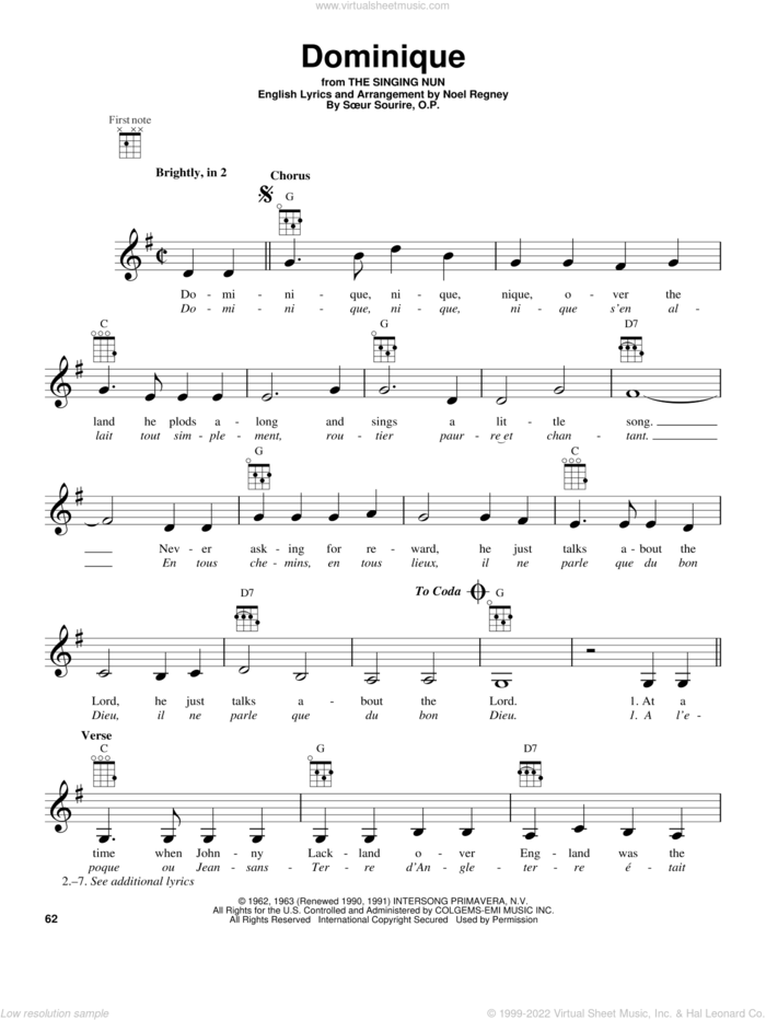 Dominique (from The Singing Nun) sheet music for ukulele by Noel Regney, Soeur Sourire, O.P. and The Singing Nun, intermediate skill level