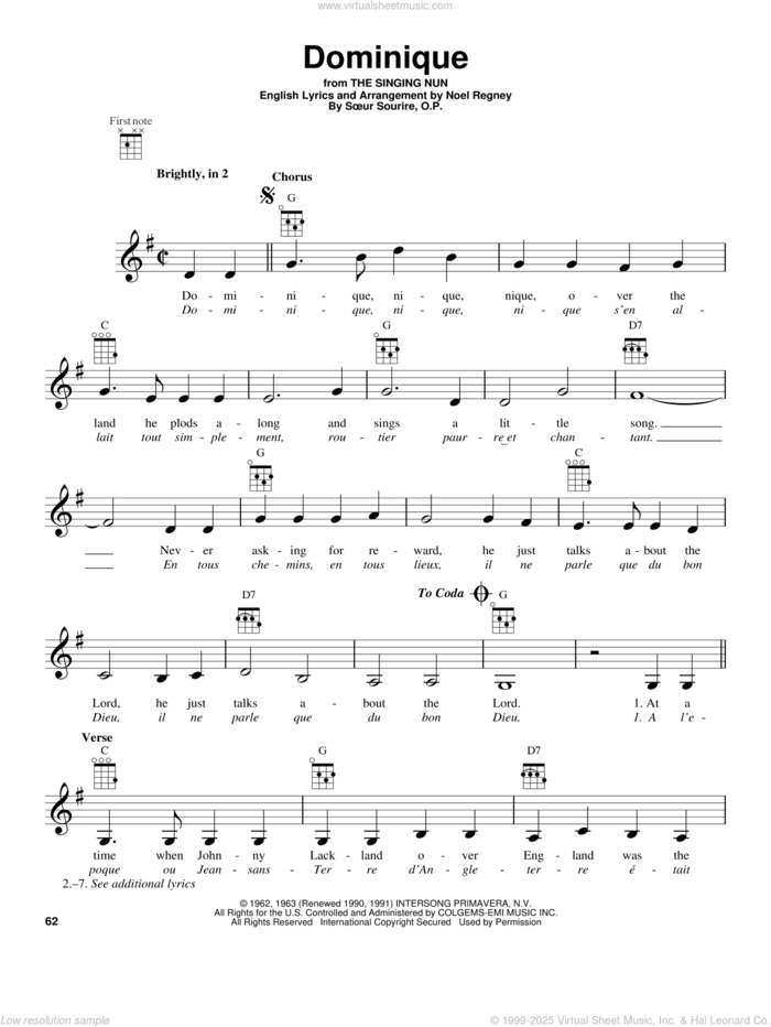 Dominique (from The Singing Nun) sheet music for ukulele by Noel Regney, Soeur Sourire, O.P. and The Singing Nun, intermediate skill level