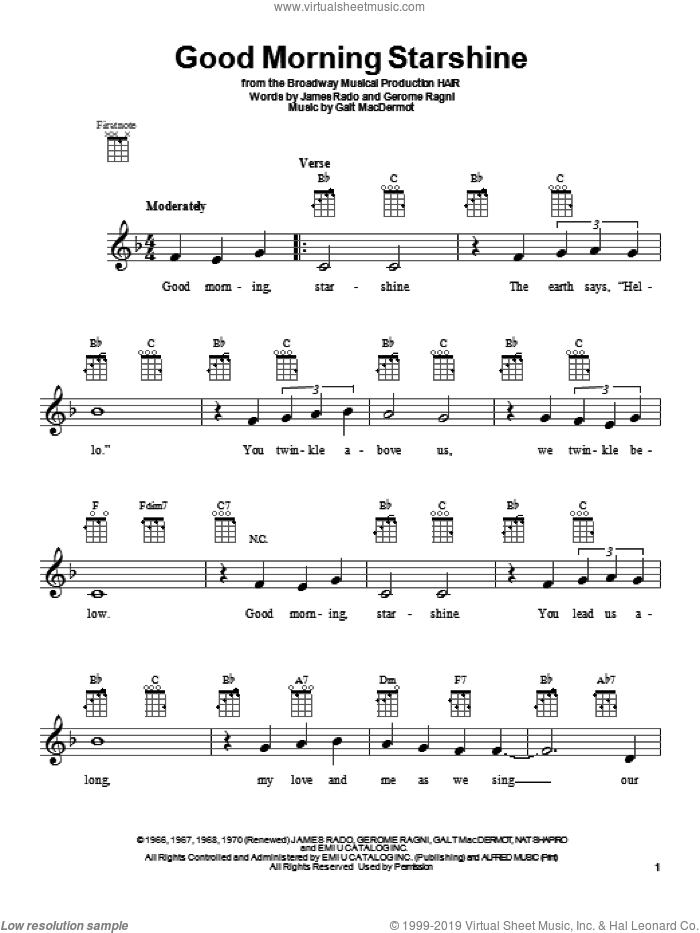 Good Morning Starshine (from Hair) sheet music for ukulele by James Rado, Galt McDermot, Gerome Ragni and Oliver Holden, intermediate skill level