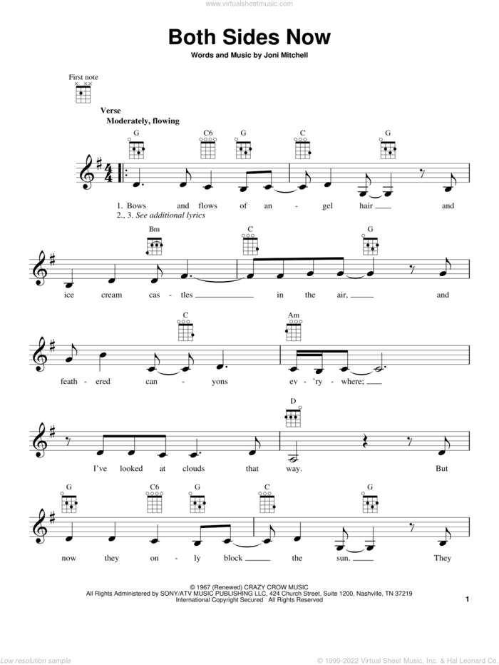 Both Sides Now sheet music for ukulele by Judy Collins and Joni Mitchell, intermediate skill level