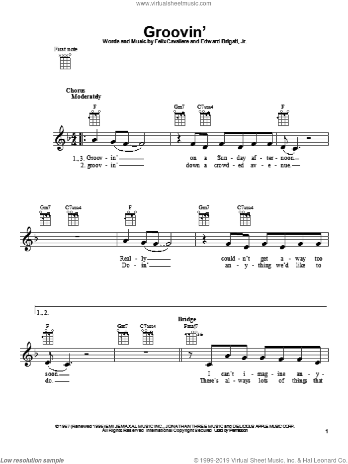 Groovin' sheet music for ukulele by Young Rascals, intermediate skill level