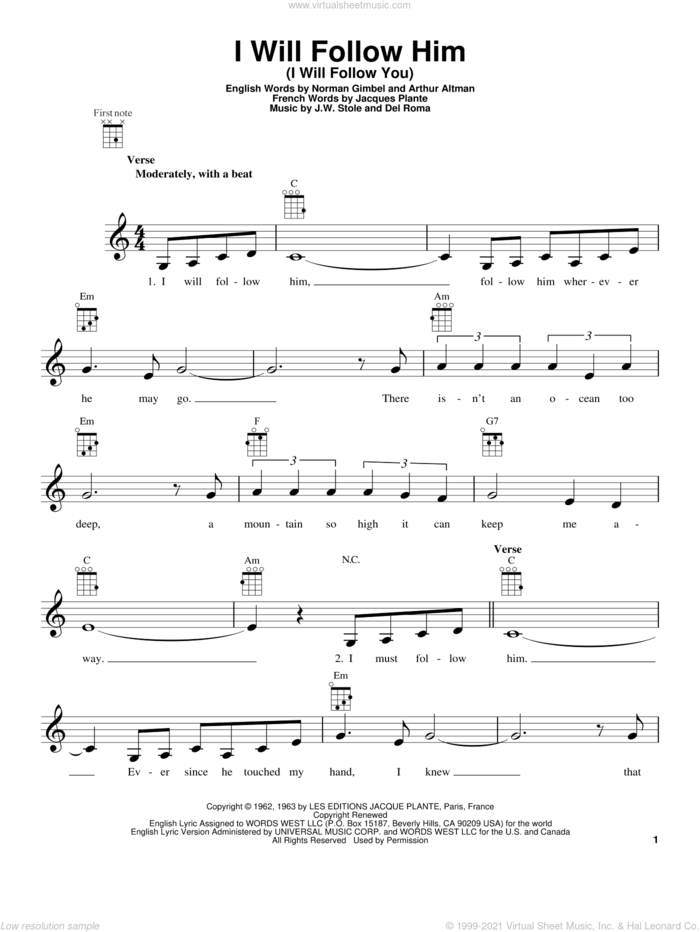 I Will Follow Him (I Will Follow You) sheet music for ukulele by Little Peggy March, intermediate skill level