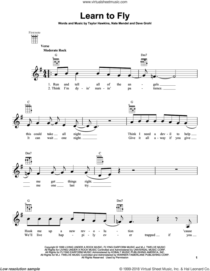 Learn To Fly sheet music for ukulele by Foo Fighters, intermediate skill level