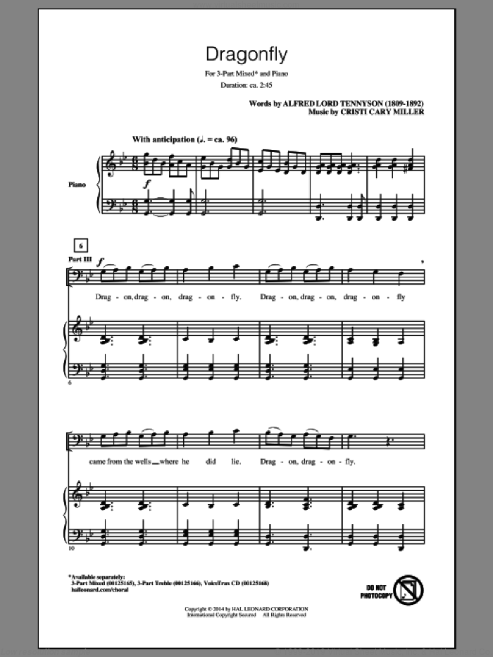 Dragonfly sheet music for choir (3-Part Mixed) by Cristi Cary Miller and Alfred Lord Tennyson, intermediate skill level