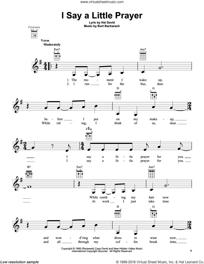 I Say A Little Prayer sheet music for ukulele by Dionne Warwick, intermediate skill level