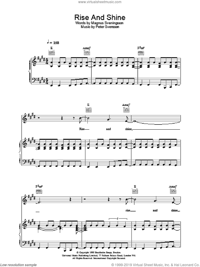 Rise And Shine sheet music for voice, piano or guitar by The Cardigans, Magnus Sveningsson and Peter Svensson, intermediate skill level